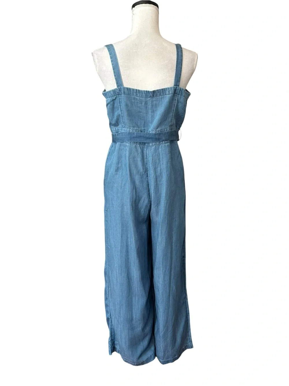 LOFT Belted Sleeveless Wide Leg Chambray Strappy Jumpsuit Women’s SZ 2 in blue
